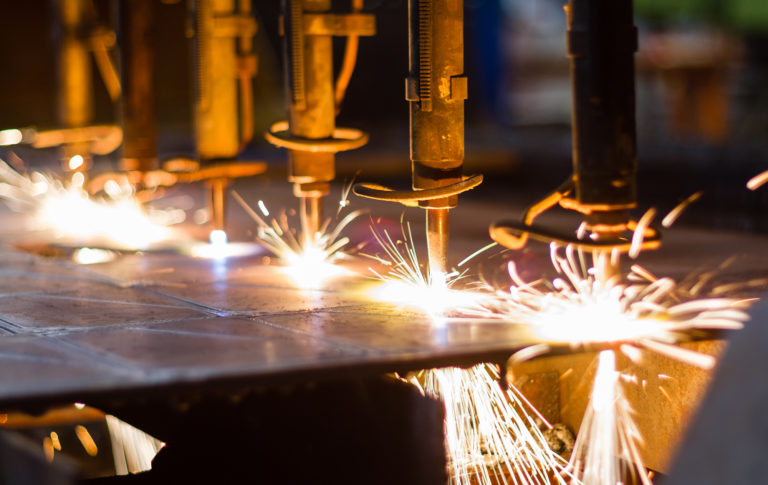cnc lpg cutting with sparks close up